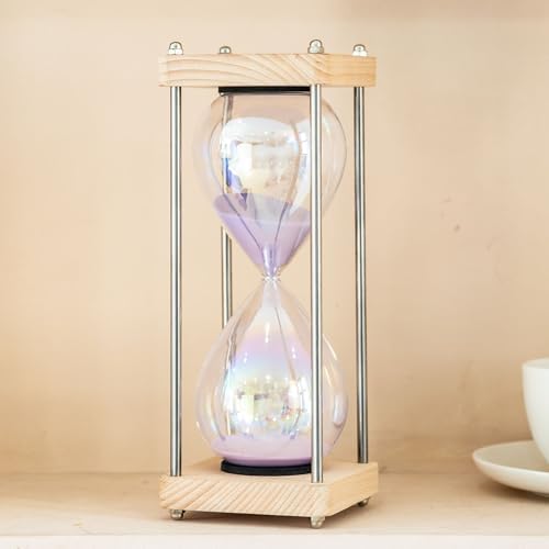 Large 60-Minute Hourglass Sand Timer,Pastel Macaron Glass & Natural Oak Wood Base, Modern Minimalist Office Home Desktop Decor (Macaron Purple)