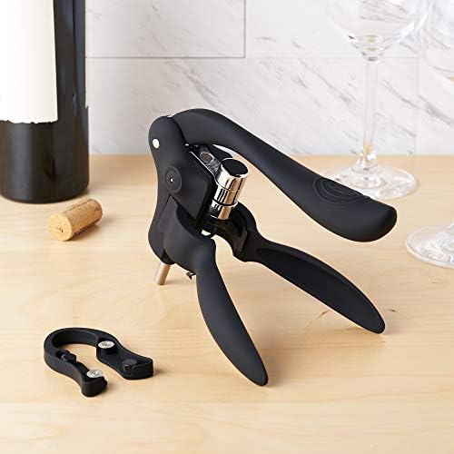 True Virtuoso Easy Lever Corkscrew Wine Opener Manual, Stainless Steel Corkscrew Wine Opener with Foil Cutter and Ergonomic Soft Touch Handle, Black
