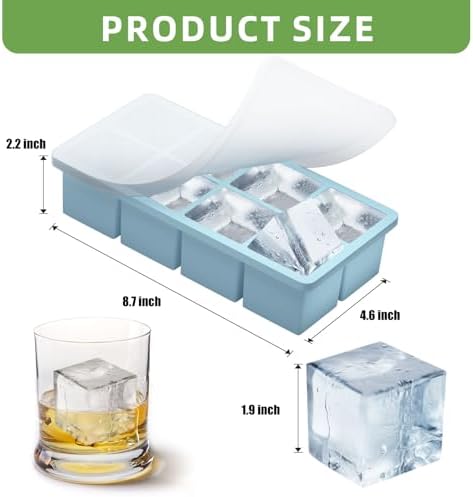 Large Ice Cube Molds, 4 Pack Easy Release Ice Trays for Freezer with Lid, Stackable Square Big Silicone Ice Cube Tray BPA Free Slow Melting for Bourbon Whiskey, Cocktails (Green+Blue+Pink+Grey)