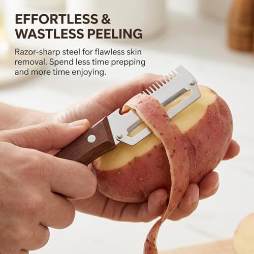 Ultimate Kitchen Multi Tool Peeler, Precision Peeler Pro, Solid Wood Non-Slip Handle, 3 in 1 vegetable peeler set, 2.5 mm Zero Pressure Peelers, for Cane, Potato, Fruit, Easy to Clean (2 PCS B)