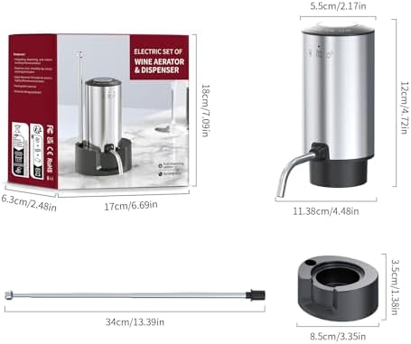 Upgraded Wine aerator Electric Wine Decanter, Rechargeable Automatic Wine Dispenser withStorage Base,Two Modes:long press to continuously Dispense wine/single press to Dispense75ml of Wine(Silver-set)