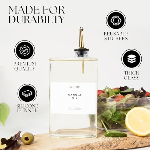 Premium Glass Olive Oil Dispenser Bottle 350ml | Cooking Oil and Vinegar Dispenser | Oil Dispenser for Kitchen with Gold Pourers, Funnel, Brush & 36 Labels (6 Pack)
