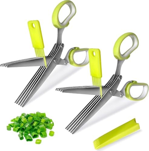 2 Pack Green Herb Scissors, Shallot Scissors, Multipurpose 5 Blade Kitchen Herb Shears, Herb Cutter with Safety Cover and Cleaning Comb for Chopping Shallot Basil Chive Parsley