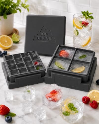 Party Set, 3-Piece Premium Silicone Ice Cube Trays with Watertight Design, Any-Which-Way No-Spill Stackable Freezer Mold for Cocktails, RV, Baby Food & Odor-Free Ice (Charcoal, Slate Black)