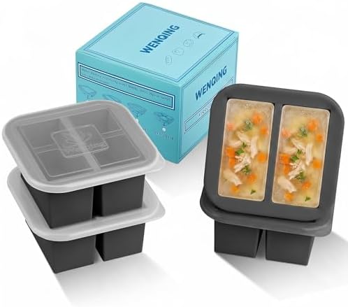Silicone Freezer Tray with Lid 4 Pack Silicone Freezer Molds Ice Cube Tray Makes 8 Perfect 1 Cup Portions Soup Cubes Meal Prep Containers- Oven & Dishwasher Safe