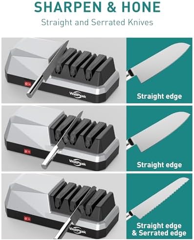 3-Stage Electric Knife Sharpener for 18/20-Degree Knifes, Diamond Abrasive Sharpening for Straight Edge Chef Knives, Ceramic Hone for Chef Knives, Serrated Knives Polishing (SILVER, 3-Stage)