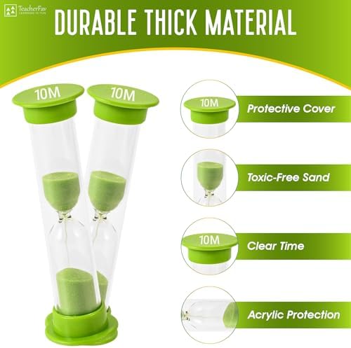 Sand Timer for Kids - 10 Minute Set of 4 Hour Glass - Green Color- Acrylic Covered for Classroom, Home & Kids Room