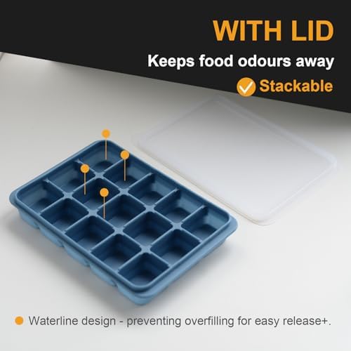 Silicone Ice Cube Trays with Removable Lid, Blue, Set of 3