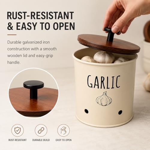 Garlic Keeper for Counter with Wooden Lid - Nordic Design Garlic Storage Container with Handle, Kitchen Organizer Jar, Housewarming Gift for Home Decor