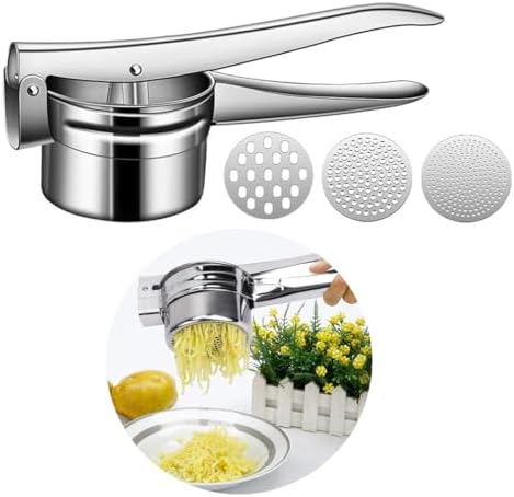 Potato Ricer 15oz, Heavy Duty Stainless Steel Potato Masher and Ricer for Mashed Potatoes,with 3 Interchangeable Discs, Potato Press Kitchen Tool for Mashed