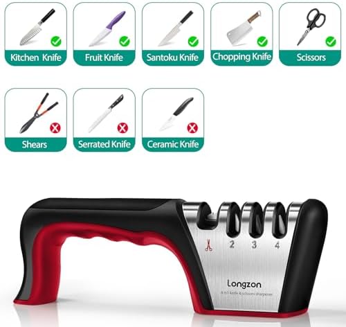 Longzon 5-in-1 Knife Sharpener 4 Stage with Cut-Resistant Glove, Black+Red