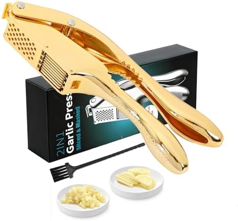 Garlic Press and Slicer 2 in 1, Rust Proof & Dishwasher Safe Professional Garlic Mincer Tool, Effortlessly Crush and Mince Garlic with this Ergonomic Handle-Garlic Slicer & Brush ANCQMI(Gold)
