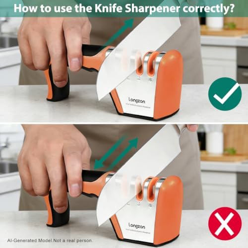 Longzon 5-in-1 Knife Sharpener 4 Stage and Cut-Resistant Glove,Black+Orange