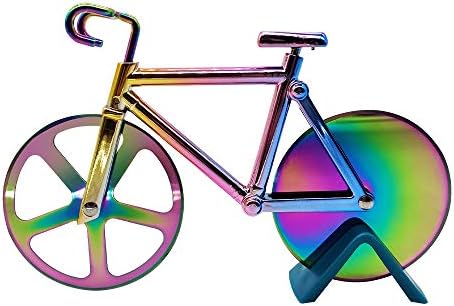Bicycle Pizza Cutter Wheel, Supuca Stainless Steel Bike Pizza Slicer with BBQ Brush and Stand, Non-Stick Dual Cutting Wheels - Cool Kitchen Gadget Gift