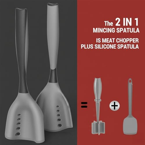2-in-1 Mincing Spatula Meat Chopper & Potato Masher, Premium Heat Resistant Ground Beef Smasher Hamburger Grinder with Perforated Design, Silicone Non-Stick for Cooking - Black