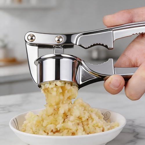 Multi-Purpose Garlic Press Nut Cracker Kitchen Tool, Large Caliber Thickened Zinc Alloy Mincer Squeezer, Precise Holes for Fine Paste, Dishwasher Safe with Peeler & Cleaning Brush (Silver - 3set)