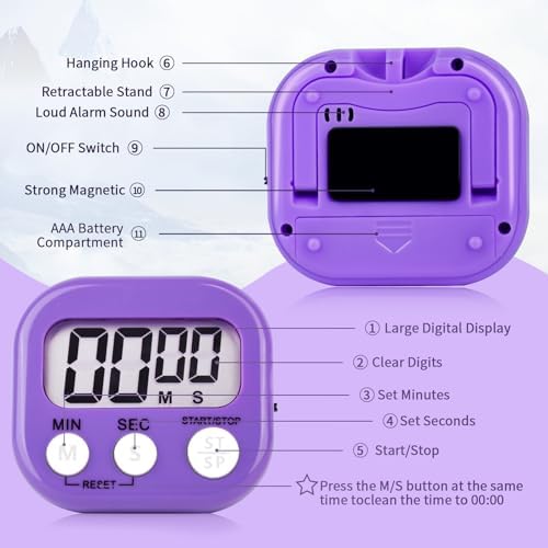 12 Pack Digital Kitchen Timer Magnetic Digital Timer with Big Display Loud Ring Cooking Timers for Kitchen Electronic Timer for Cooking, Bathing, Gym, Break Time, Classroom(12,White,Blue,Purple)