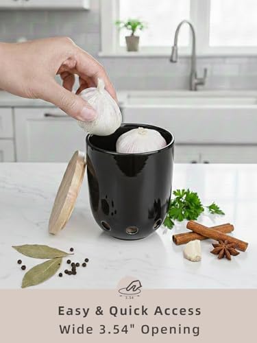 LEETOYI Ceramic Garlic Keeper for Counter, Garlic Holder with Wood Lid (Black)