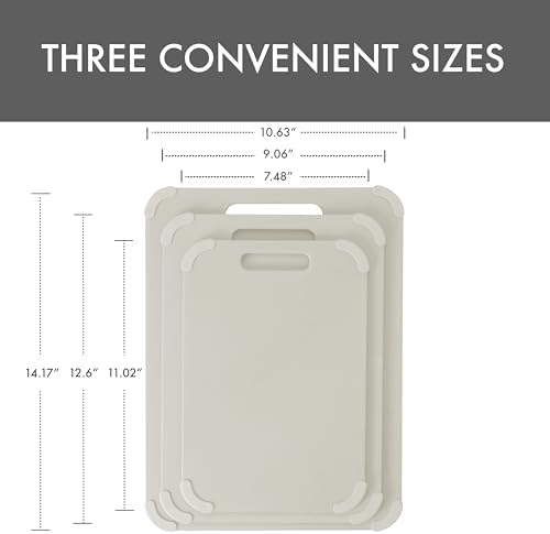 Dexas Fresh Prep 3-Pack Non-Slip Cutting Board Set – Dishwasher Safe Plastic Boards with Silicone Grip Corners & Handle, Cream (14.17" x 10.63", 12.6" x 9.06", 11.02" x 7.48")