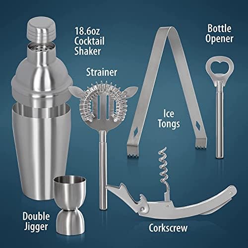 Gifts Infinity® 7 Piece Stainless Steel Bar Set - 18.5 oz Martini & Cocktail Shaker, Stirrer, Strainer, Double Jigger, and Ice Tongs. (2)