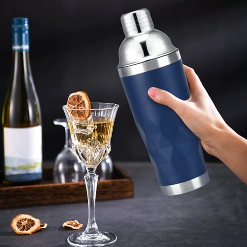 Insulated Cocktail Shaker Blue -20oz Double Wall Vacuum Stainless Steel Martini Shaker with Built-in Strainer, Pro Leak-Proof Weighted Shaker for Home Bar, Premium Bar Gift Set