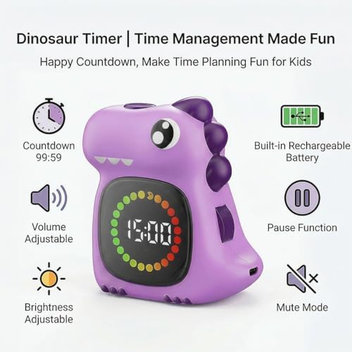 Purple Dinosaur Visual Timer for Kids, Girls Countdown Timer