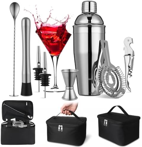 9 Pcs Travel Bartending Kit 25oz Cocktail Shaker Set with Bag