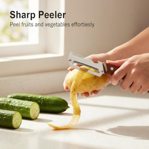 Premium Stainless Steel Vegetable Peeler Multifunctional Kitchen Peeler for Potato Carrot Fruit Veggie with Wooden Handle Sharp Swivel Blade Non-Slip Easy Peeling (2 Pcs)
