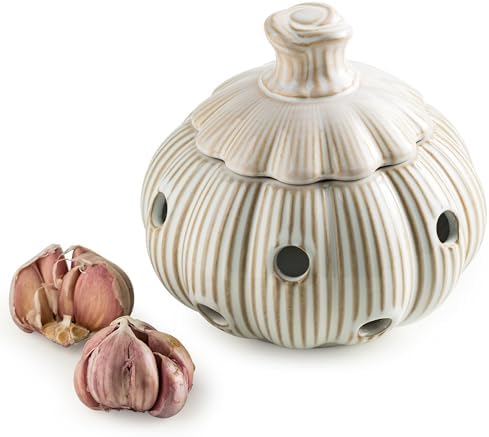Ceramic Garlic Keeper for Counter, Large Garlic Storage with Lid