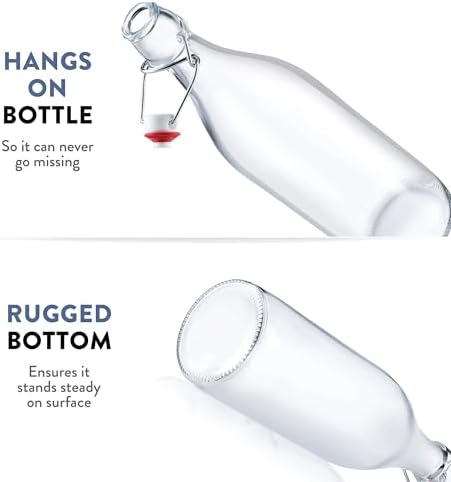 Bormioli Rocco Giara Swing Top Bottles 33 ¾ Ounce-4 Pack Round Clear Glass Grolsch Flip Top Bottle With Stopper, for Beverages, Smoothies, Kefir, Beer, Soda, Juicing, Kombucha, Water, Milk and Vinegar