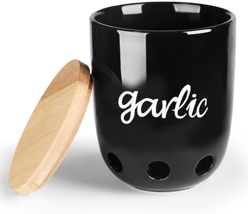 Ceramic Garlic Keeper for Counter with Wood Lid (Black)