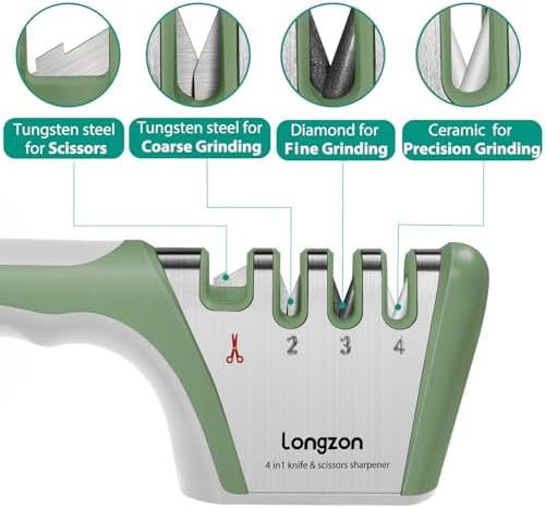 Longzon 5-in-1 Knife Sharpener 4 Stage with Cut-Resistant Glove, Gray+Green