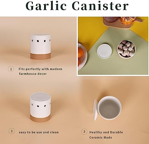 LEETOYI Garlic Keeper with Lid, Garlic Holder Storage Container, Ceramic Garlic Container for Countertop, Garlic Saver to Keep Your Garlic Cloves Fresh Longer, Easy to Clean