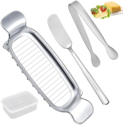 lasuroa 4pcs Butter Slicer Cutter Set with Storage Box, Stainless Steel Knife Spreader, Wire Cheese Slicer and Serving Tongs Kitchen Food Tool for Block Cheese and Butter