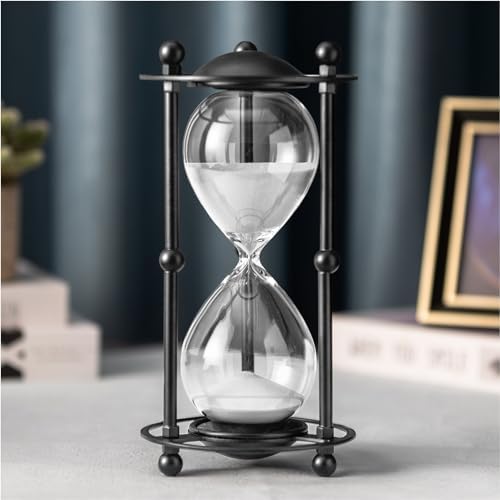 Hourglass Timer 30 Minute, Black Metal Sand Timer, White