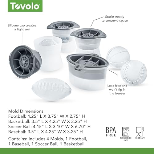Tovolo Sports Ice Mold Bundle Set of 4 Football Baseball Basketball Soccer Ball Large Craft Ice Cubes for Whiskey Cocktails with Silicone Lids, Easy Fill Craft Ice Mold for Sports Fans