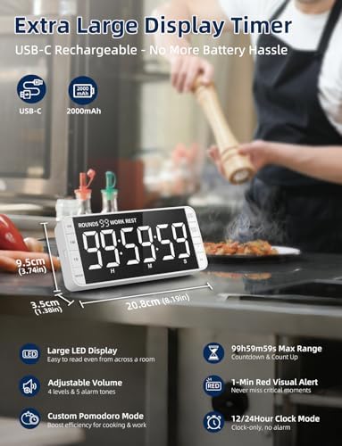 Large 7.8" Digital Timer with LED Display, Magnetic for Kitchen & Classroom