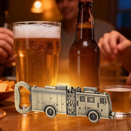 Zinc Alloy Fire Truck Bottle Opener - No Ladder Version, Beer Bottle Opener with Gift Bag, Creative Bar Accessories, Man Cave Decor, Bottle Opener Set Gift for Men Women Firefighters, Bronze