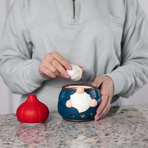 Fox Run Gnome Garlic Keeper, Ceramic Garlic Holder and Lid, 5" x 6.25"