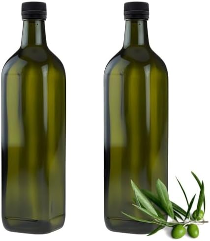 2x Oil Bottle 750 ml with Spout Green/Brown Oil Dispenser Glass Bottles with Dispenser and Labels