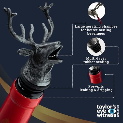 Matt Pewter Stag's Head Wine Bottle Aerator Pourer - Silicone Layered Seal. Classy Modern Design, Silver In Colour, Great For Beginners & Professionals, 12.3cm x 6cm