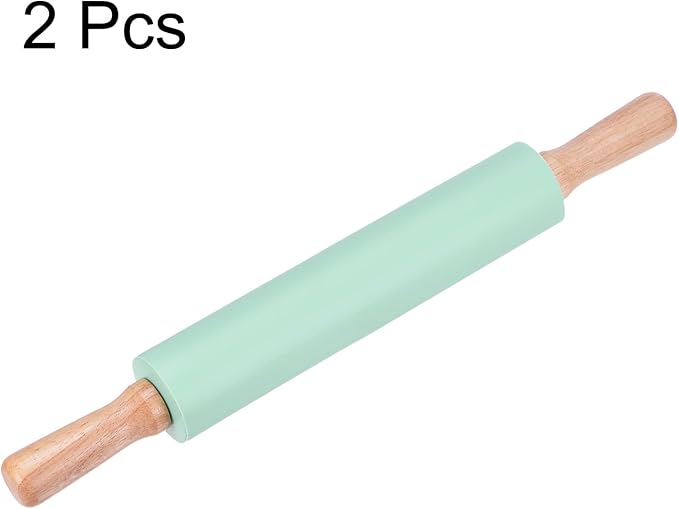 HARFINGTON 2pcs Silicone Rolling Pins for Baking 16.93 Inch Non-Stick Silicone Surface Wooden Handle Rolling Pin Small Roller Playdough Rolling Pins for Fondant Kitchen Dough Pizza, Green
