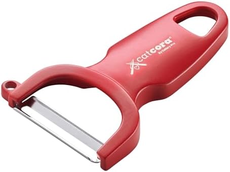 CatCora Swiss-Style Peeler, Professional German Tempered Stainless Steel Blade For Peeling Fruits and Vegetables and Garnishing, Ergonomic Contoured Handle, Red