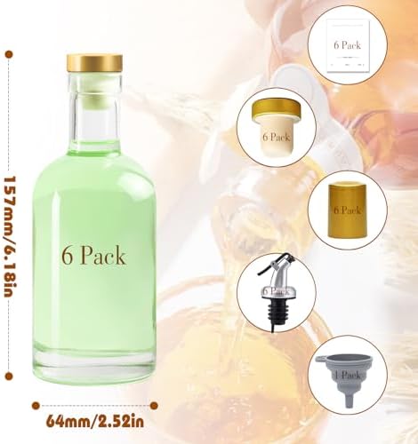 Olive Oil Dispenser Bottle for Kitchen, Clear Glass Oil and Vinegar Dispenser Set, Coffee Syrup Dispenser, Container With Metal Pour Spout, Airtight Lid, Funnel, Waterproof Labels (200ml-6 Pack)