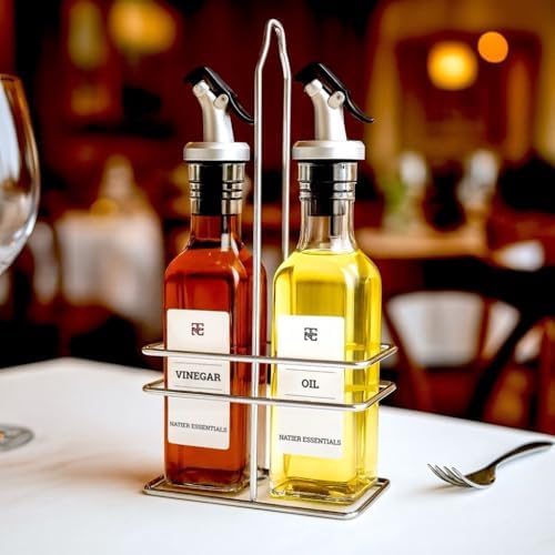 6 Oz Oil and Vinegar Bottle Cruet Set with Wire Caddy – 2 Pack Glass Dispenser Bottles (No-Drip Spout)