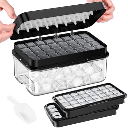 PHINOX 1" Ice Cube Tray with Lid and Bin, Easy Release 64 Cubes for Freezer