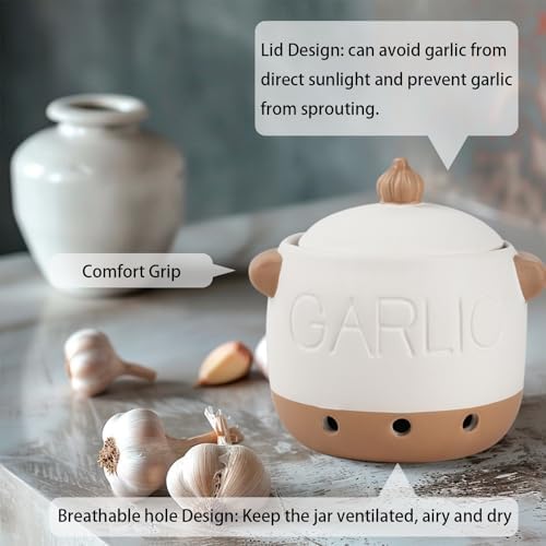 5.1' White Ceramic Garlic Keeper with Lid & Vent Holes for Counter
