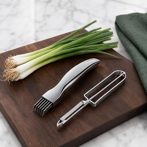 Stainless Steel Scallion Cutter and Vegetable Peeler Set, Professional 7-Blade Onion Slicer for Shred Silk Garnish, Heavy Duty Metal Fruit Peeler for Kitchen, Dishwasher Safe