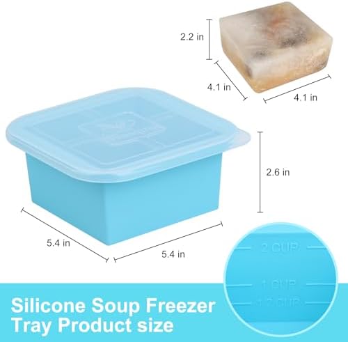 Silicone Freezer Tray with Lid 4 Pack Silicone Freezer Molds Ice Cube Tray Makes 4 Perfect 2 Cup Portions Soup Cubes Meal Prep Containers- Oven & Dishwasher Safe