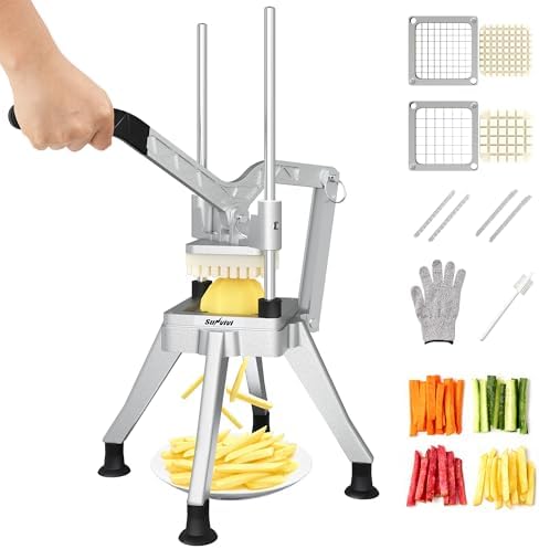 Commercial French Fry Cutter with 1/2 Inch and 3/8 Inch Blade, Heavy Duty Potato Slicer, Stainless Steel Potatoes Cutter for Restaurant & Home Kitchen
